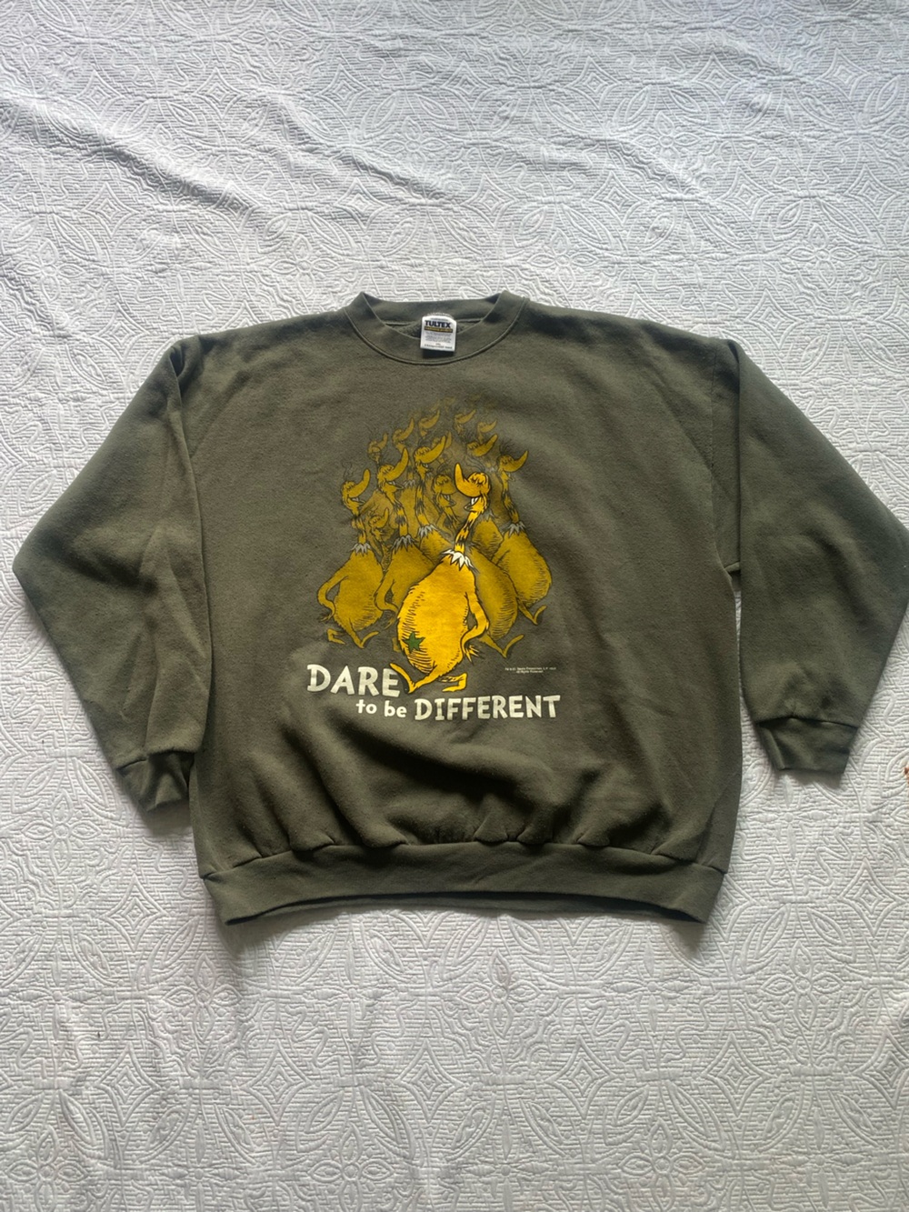 Tultex Olive Green Crewneck Sweatshirt with Yellow Graphic